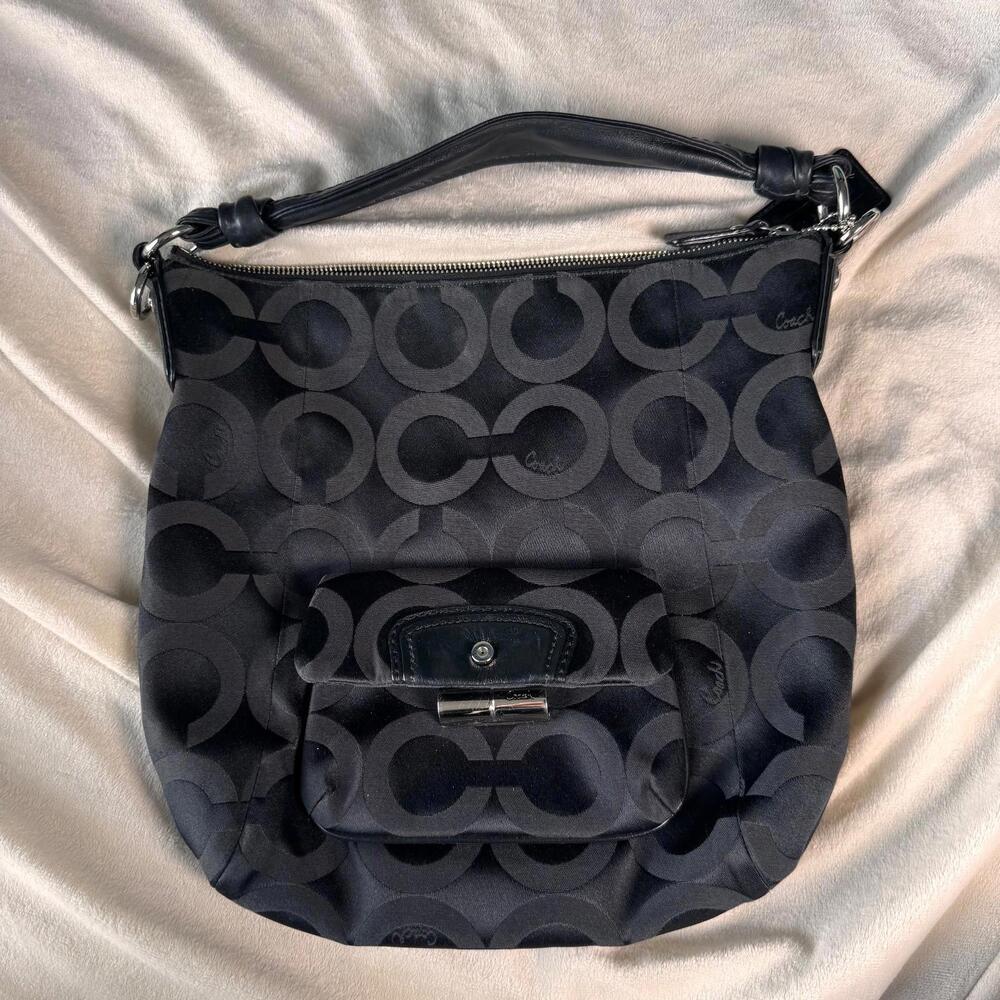 COACH Kristin Black Sateen Op Art Signature Hobo Bag #14753